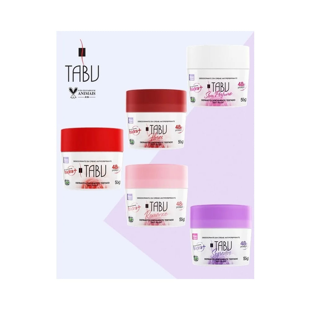 Imagem promocional com potes do desodorante creme Tabu em diversas fragrâncias